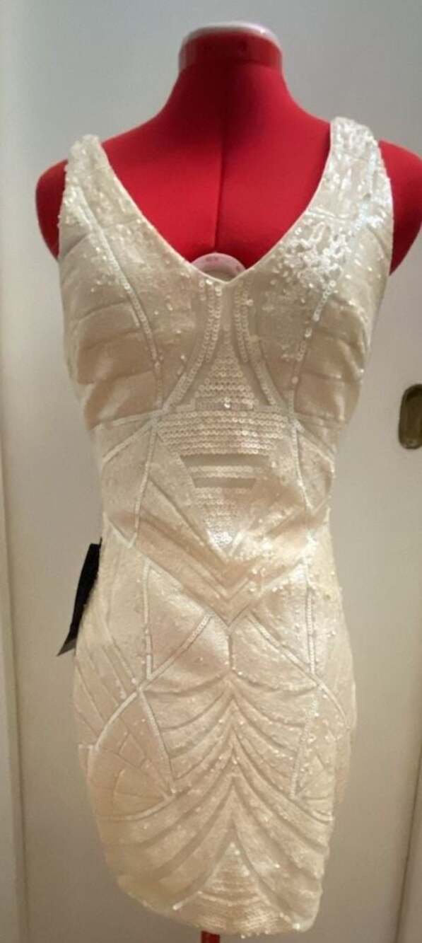bebe Ivory Sequin Embellished Sleeveless V-Neck Mini Dress